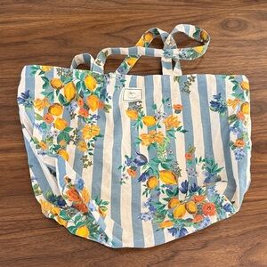 Sezane Blue & Yellow Striped Lemon Floral Tote